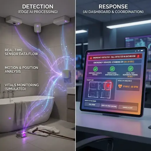 Emergency detection system showing fall detection and SOS alerts